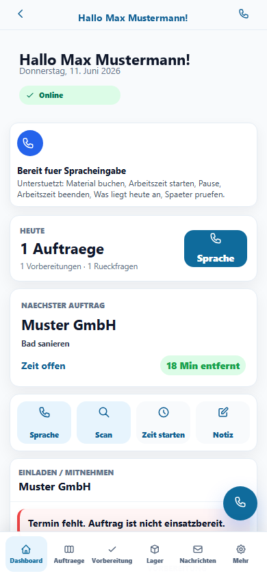 Echte mobile ZentraliQ Ansicht mit neutralen Demodaten